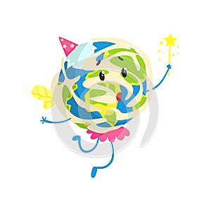 Cute cartoon Earth planet wearing party hat and pink skirt having fun, funny globe character vector Illustration