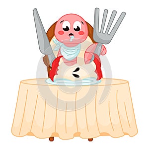 Cute cartoon earthworm character sitting behind the table and eating apple with fork and knife, insect having a dinner