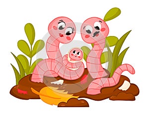 Cute cartoon earthworm family characters holding newborn and sitting on the ground