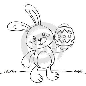 Cute cartoon Easter bunny with Easter egg. Black and white illustration for coloring book