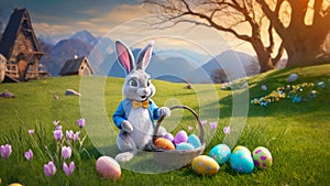 cute cartoon Easter bunny holding basket with colorful egg on green grass with spring flowers