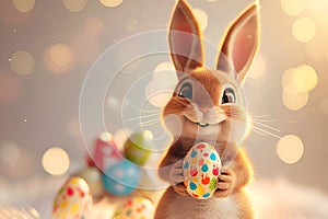 Cute cartoon Easter bunny holding a holiday egg