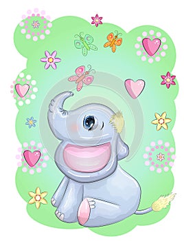 Cute cartoon elephant with beautiful eyes with a butterfly surrounded by flowers, children`s illustration