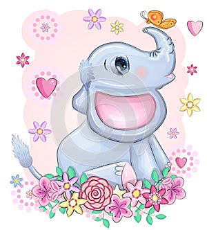 cartoon elephant with beautiful eyes with a butterfly surrounded by flowers, children`s illustration