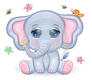 Cute cartoon elephant with beautiful eyes with a butterfly surrounded by flowers, children`s illustration