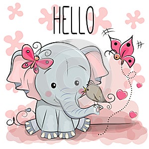 Cute cartoon Elephant with bird