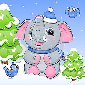A cute cartoon elephant in a blue hat and scarf is sitting on the snow with two birds in a spruce forest.