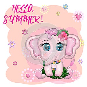 Cute cartoon elephant, childish character with beautiful eyes in Hawaiian costume, beach and vacation