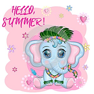 Cute cartoon elephant, childish character with beautiful eyes in Hawaiian costume, beach and vacation