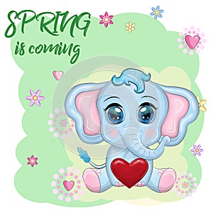 Cute cartoon elephant, childish character with beautiful eyes with a heart.