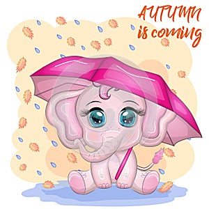 Cute cartoon elephant, childish character with beautiful eyes with umbrella, autumn