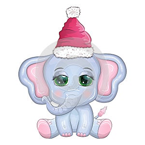 Cute cartoon elephant, childish character with beautiful eyes wearing santa hat, scarf, holding gift, christmas ball