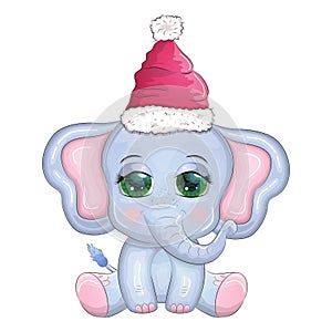 Cute cartoon elephant, childish character with beautiful eyes wearing santa hat, scarf, holding gift, christmas ball