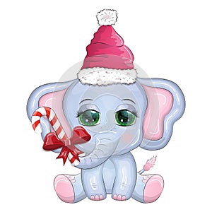 Cute cartoon elephant, childish character with beautiful eyes wearing santa hat, scarf, holding gift, christmas ball