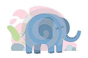 Cute cartoon elephant. Drawing african baby wild smiling character. Kind smiling jungle safari animal. Vector creative