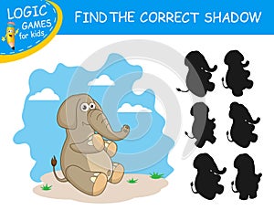 Cute cartoon elephant. Find the correct shadow. Educational matching game for children with cartoon character. Logic Games