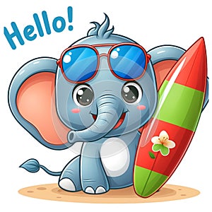 Cute cartoon elephant wearing glasses and carrying a surfboard, isolated on a white background 4
