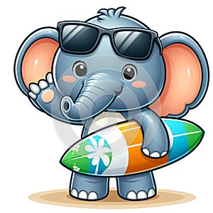 Cute cartoon elephant wearing glasses and carrying a surfboard, isolated on a white background 5