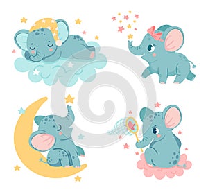 Cute cartoon elephants. Baby characters dreaming, sleeping on fluffy cloud. Adorable animal sitting on moon