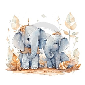 Cute cartoon elephants baby watercolor. kawaii. digital art. concept art. isolated on a white background