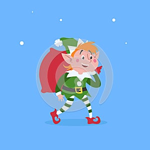 Cute cartoon elf walking and carries a bag or sack with Christmas gifts. Christmas funny character. Santa Claus helper. Elfish boy