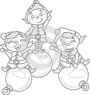 Cute cartoon elfs in hats on decoration balls sketch template.