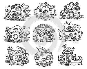 Cute cartoon elven, fairy or gnome houses in the form of pumpkin, tree, teapot, boot, apple, mushroom, stump