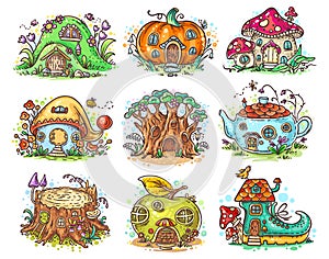 Cute cartoon elven, fairy or gnome houses in the form of pumpkin, tree, teapot, boot, apple, mushroom, stump