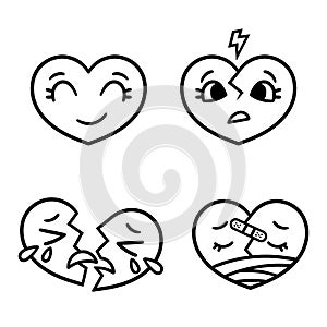 Cute cartoon emoticon hearts set, happy, sad, broken