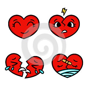 Cute cartoon emoticon hearts set, happy, sad, broken