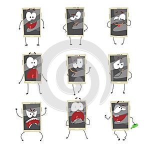 Cute cartoon emoticon phones with gray faces set. Smartphones with different emoticons