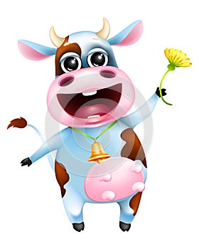 Cute cartoon emotional cow with golden bell and yellow flower