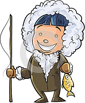 Cute cartoon eskimo fisherman