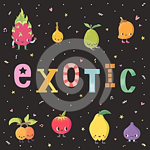 Cute cartoon exotic fruits illustration. Part one.