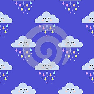 Cute cartoon face cloud seamless pattern with colorful rain drops