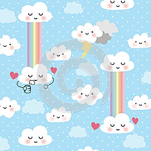 Cute cartoon face cloud vector seamless pattern