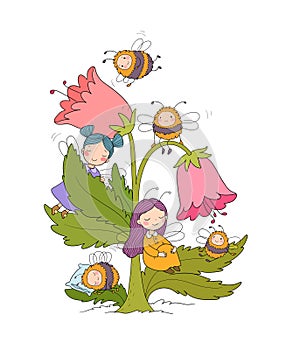 Cute cartoon fairies and bumblebees. Little flower girls with wings. Forest gnomes. Bell flower.