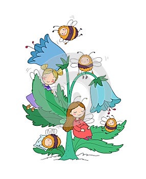 Cute cartoon fairies and bumblebees. Little flower girls with wings. Forest gnomes. Bell flower.