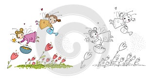 Cute cartoon fairies are flying over the flowers. Little girls. Illustration for coloring books. Monochrome and colored