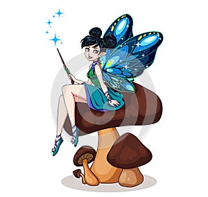 Cute cartoon fairy with butterfly wings sitting on flower. Girl with black buns wearing blue dress. Hand drawn vector illustration