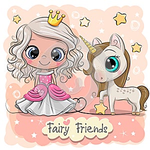 Cute Cartoon fairy tale Princess and Unicorn