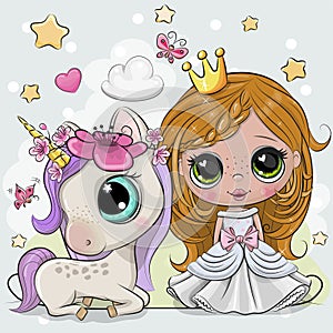 Cute Cartoon fairy tale Princess and Unicorn