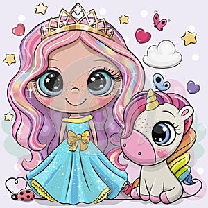 Cute Cartoon fairy tale Princess and Unicorn