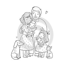 Cute cartoon family and a cat with a dog. Mom, dad and kids. Happy people