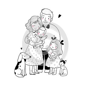 Cute cartoon family and a cat with a dog. Mom, dad and kids. Happy people