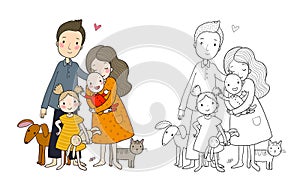 Cute cartoon family and a cat with a dog. Mom, dad and kids. Happy people