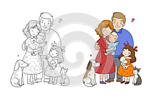 Cute cartoon family and a cat with a dog. Mom, dad and kids. Happy people. Illustration for coloring books. Monochrome
