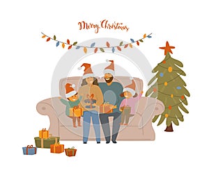 Cute cartoon family, parents and children celebrating christmas , sitting on sofa exchanging xmas gifts