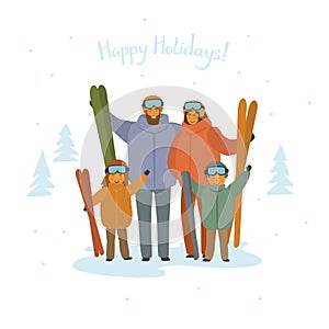 Cute cartoon family skiers portrait, winter sports