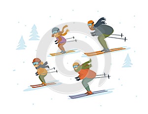 Cute cartoon family skiing downhill isolated vector illustration winter sports